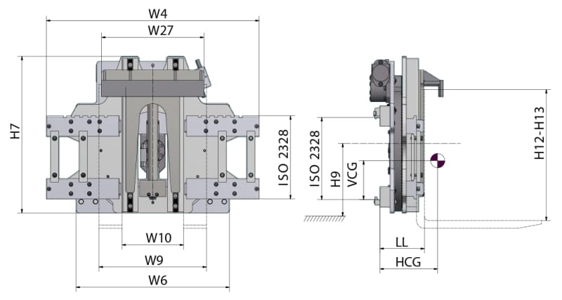 Toyota-Gabelstapler-360° Drehgerät mit hydraulischer Behälterklammer RBC Technische Zeichnung