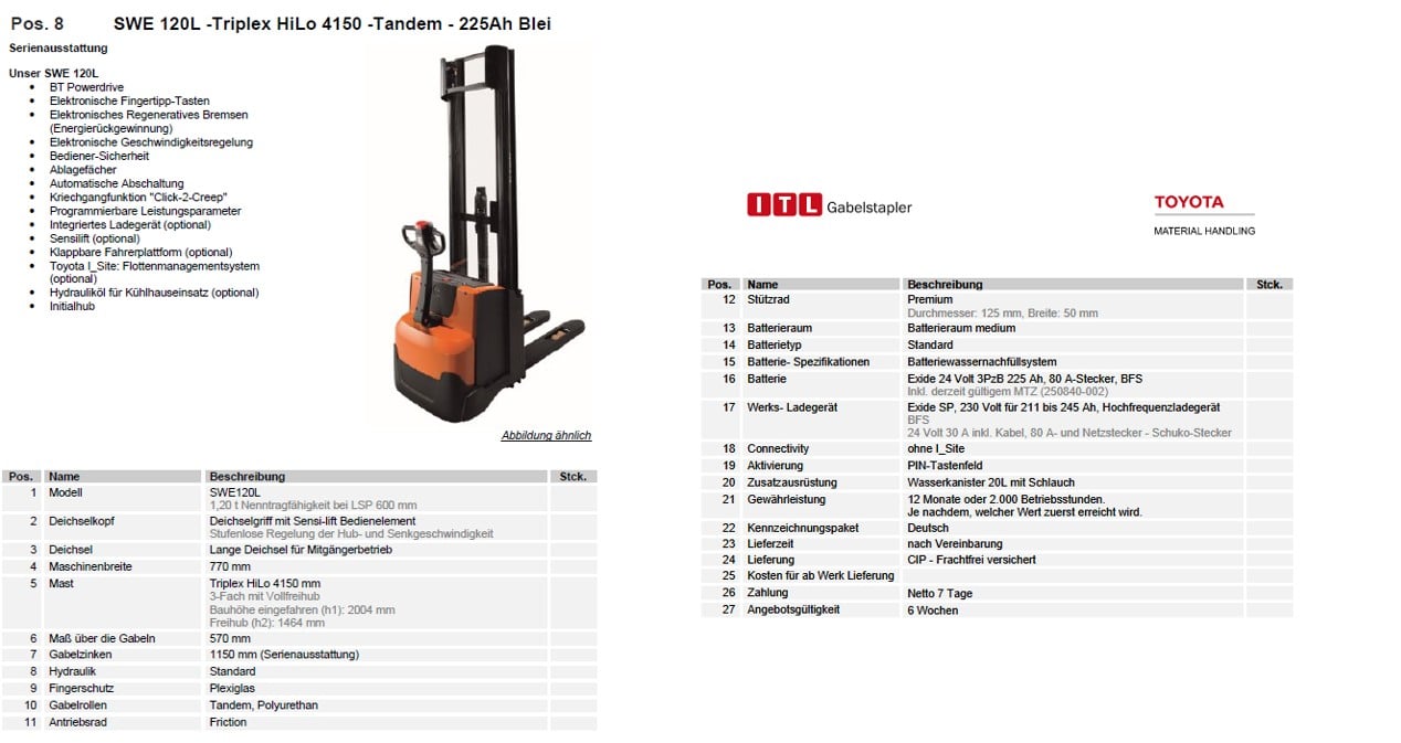 Toyota Gabelstapler Toyota SWE120L - 225 Ah Blei - Triplex HiLo 4150 mm - Tandem (SOFORT LIEFERBAR Neumaschinen) 2 Toyota SWE120L - 225 Ah Blei - Triplex HiLo 4150 mm - Tandem (SOFORT LIEFERBAR Neumaschinen) – Bild 2